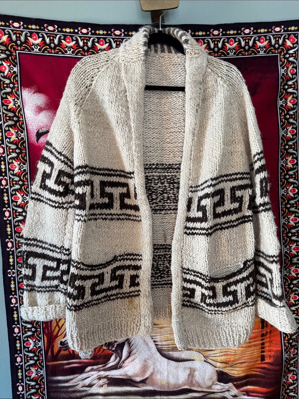 vintage hand knit cream + brown open front belted cardigan sweater